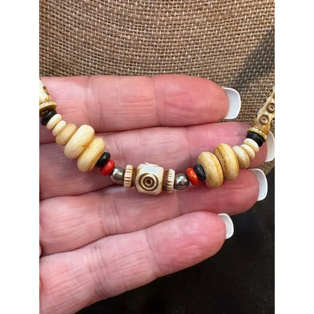 Vintage 1980s Bone Bead Necklace 16 Inch Tribal Boho Carved Beads